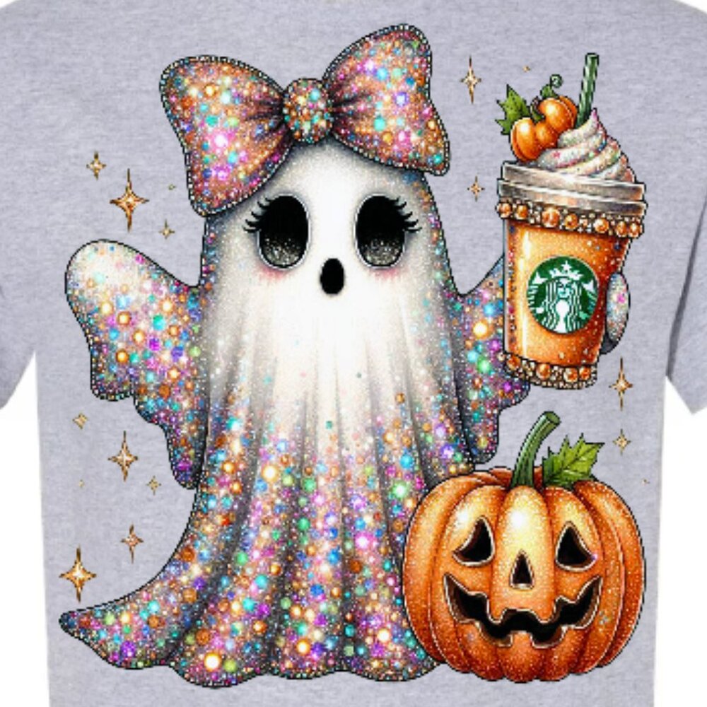 Rhinestone Ghost With a Coffee Halloween Graphic Tee